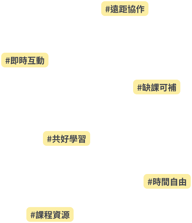 遠距協作、即時互動、缺課可補、共好學習、時間自由、課程資源